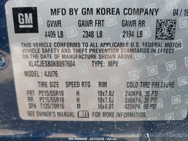 KL4CJESB0KB897604 Buick Encore Awd Preferred