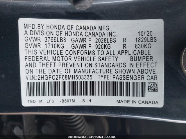 Honda Civic Lx 2021 2HGFC2F68MH503335 Image 9