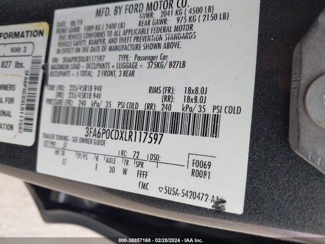 Ford FUSION SEL 2020 3FA6P0CDXLR117597 Image 9
