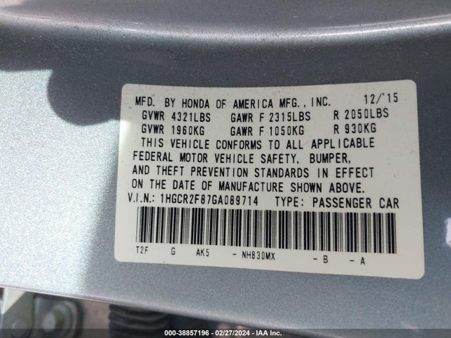 Honda Accord Ex-l 2016 1HGCR2F87GA089714 Image 9