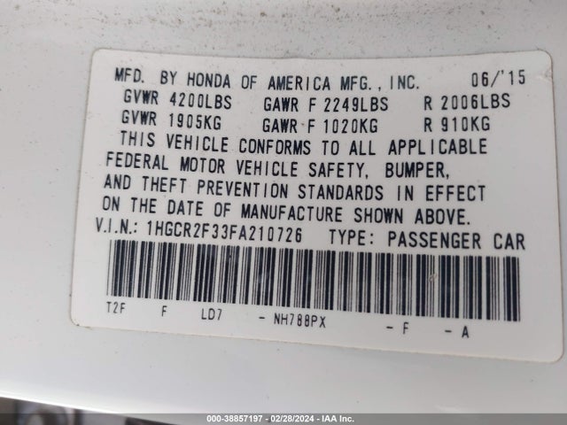 Honda ACCORD LX 2015 1HGCR2F33FA210726 Image 9