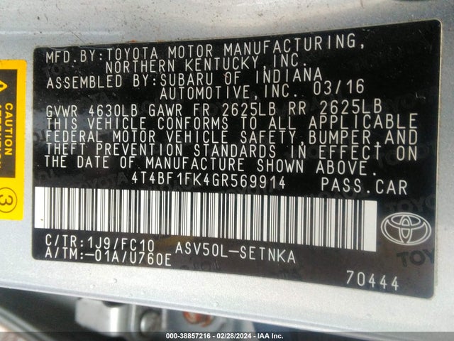 Toyota CAMRY LE 2016 4T4BF1FK4GR569914 Image 9