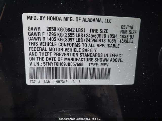 Honda Pilot Ex-l 2018 5FNYF6H69JB057698 Image 9