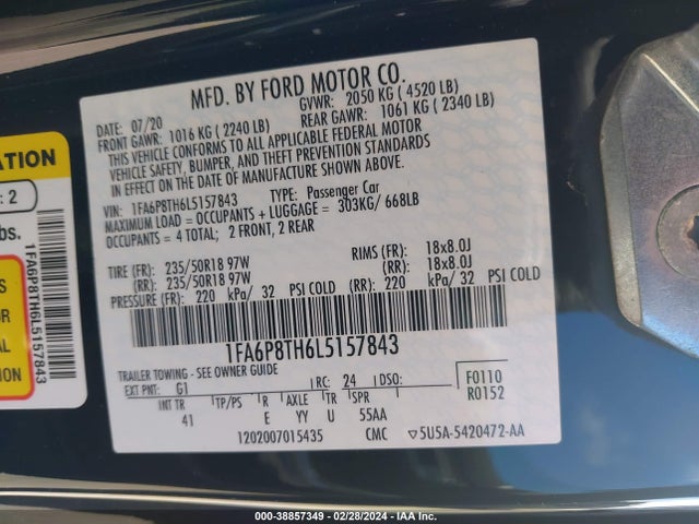 Ford Mustang Ecoboost Premium Fastback 2020 1FA6P8TH6L5157843 Image 9