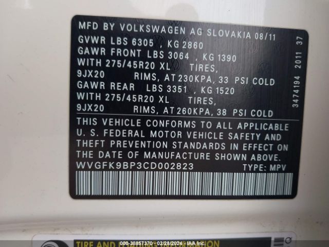2012 VOLKSWAGEN TOUAREG WVGFK9BP3CD002823 Photo 8