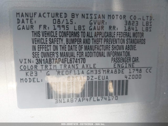 Nissan SENTRA SV 2015 3N1AB7AP4FL674170 Image 9