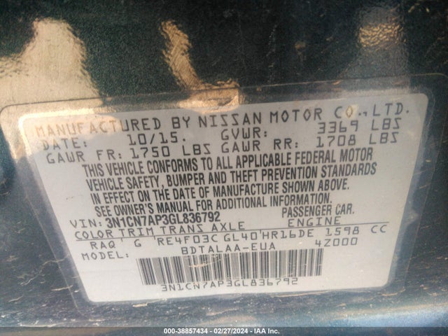Nissan Versa 1.6 S 2016 3N1CN7AP3GL836792 Image 9