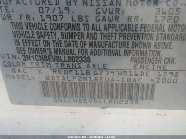 3N1CN8EV8LL802338 Nissan Versa Sv Xtronic Cvt