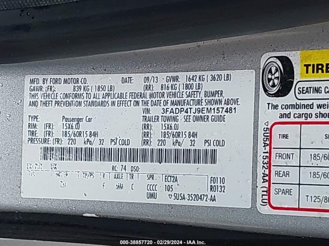 2014 FORD FIESTA S VIN: 3FADP4TJ9EM157481