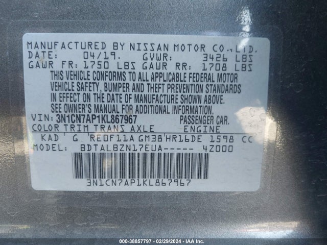 Nissan Versa 1.6 Sv 2019 3N1CN7AP1KL867967 Image 9