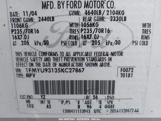2005 FORD ESCAPE XLT VIN: 1FMYU93135KC27867