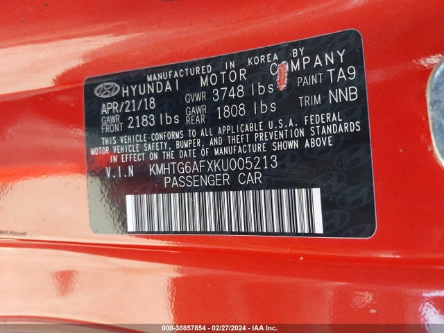 Hyundai Veloster 2.0 2019 KMHTG6AFXKU005213 Image 9