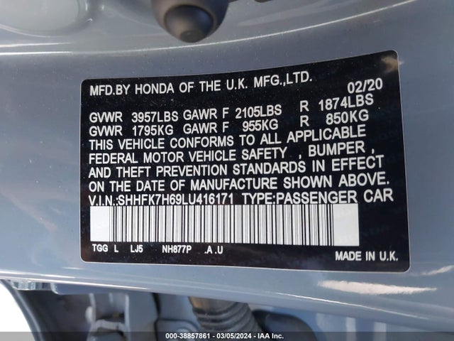 Honda CIVIC EX 2020 SHHFK7H69LU416171 Image 9