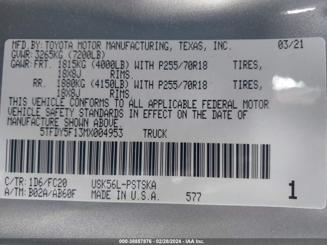 Toyota Tundra Sr5 2021 5TFDY5F13MX004953 Image 9