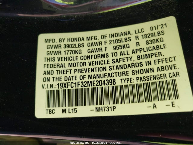 Honda CIVIC EX 2021 19XFC1F32ME204398 Image 9