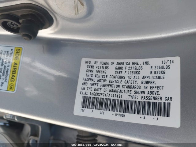 Honda ACCORD EX 2015 1HGCR2F74FA047491 Image 9