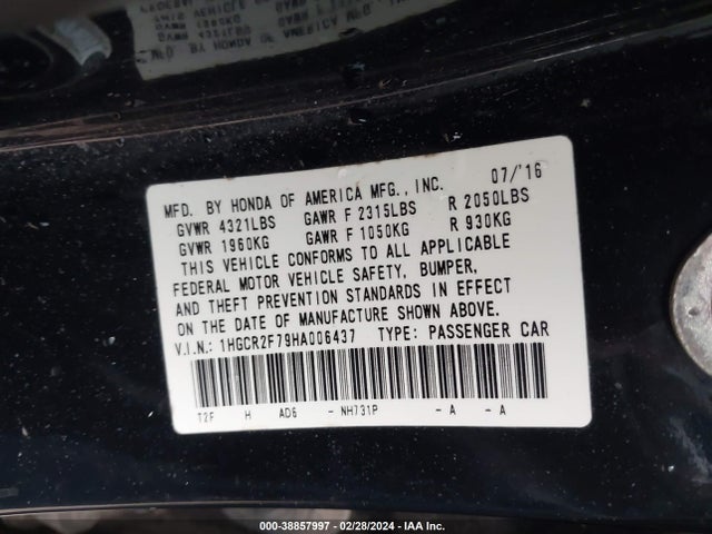 Honda ACCORD EX 2017 1HGCR2F79HA006437 Image 9
