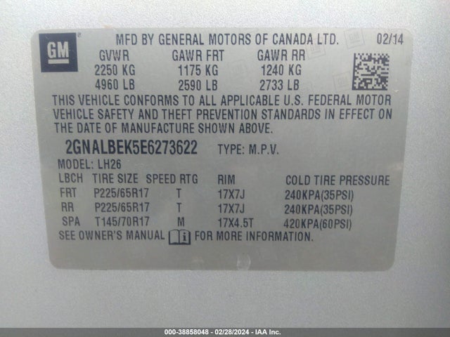 Chevrolet EQUINOX 1LT 2014 2GNALBEK5E6273622 Image 9