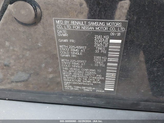 Nissan ROGUE S/SV 2019 KNMAT2MV5KP500274 Image 9