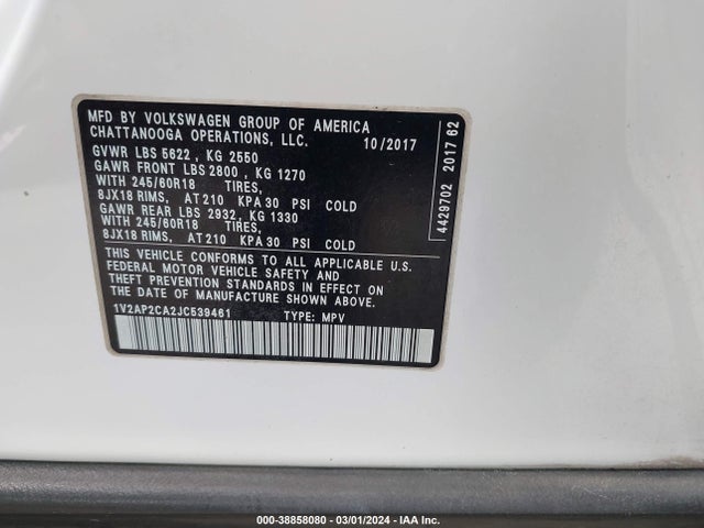 1V2AP2CA2JC539461 Volkswagen Atlas 2.0t S