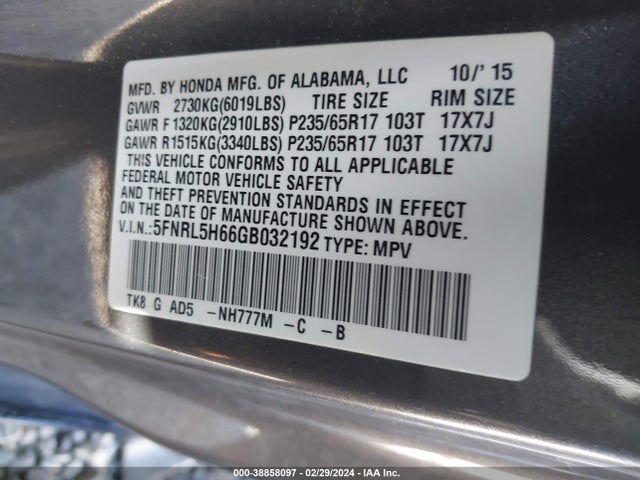 Honda Odyssey Ex-l 2016 5FNRL5H66GB032192 Image 9