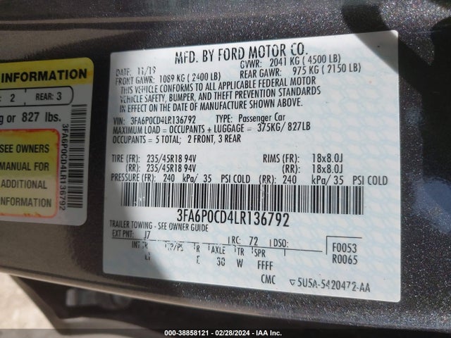 Ford FUSION SEL 2020 3FA6P0CD4LR136792 Image 9