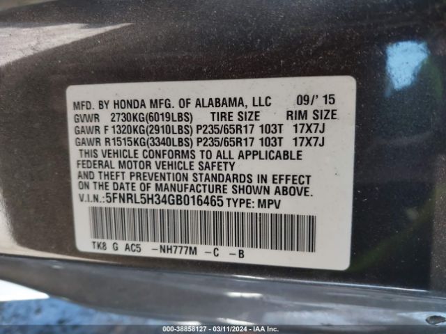 5FNRL5H34GB016465 Honda ODYSSEY SE