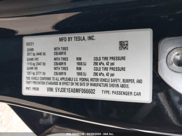 5YJ3E1EA8MF066602 Tesla Model 3 Standard Range Plus Rear-wheel Drive