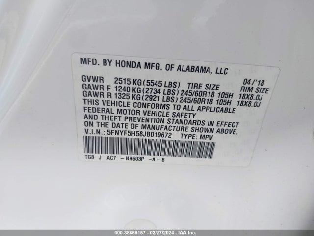 Honda Pilot Ex-l 2018 5FNYF5H58JB019672 Image 9