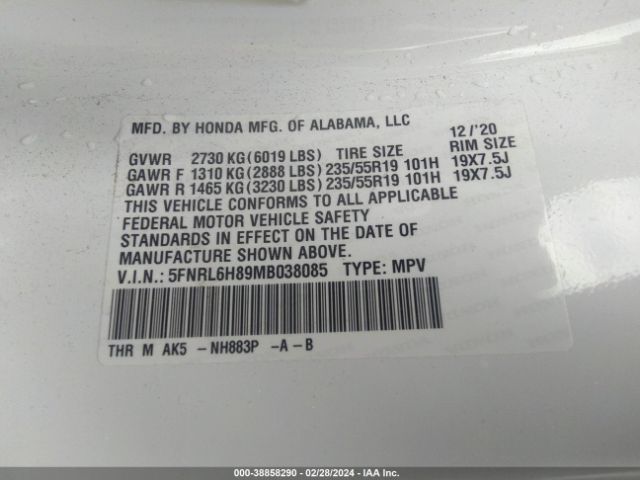 5FNRL6H89MB038085 Honda Odyssey Touring