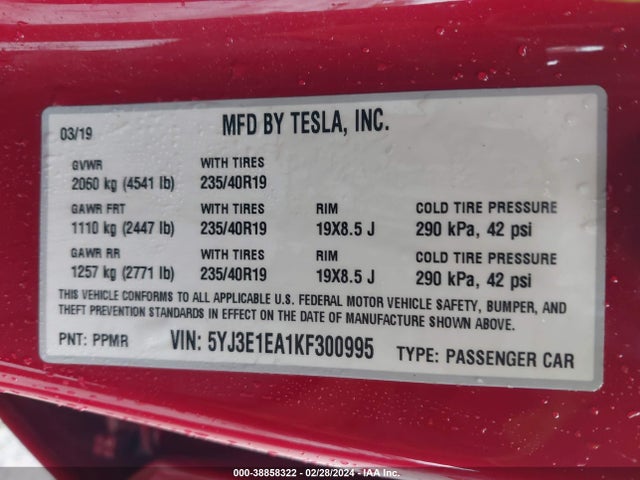 Tesla Model 3 Long Range/mid Range/standard Range/standard Range Plus 2019 5YJ3E1EA1KF300995 Image 9