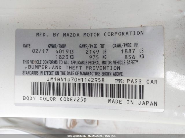 JM1BN1U70H1142958 Mazda Mazda3 Sport