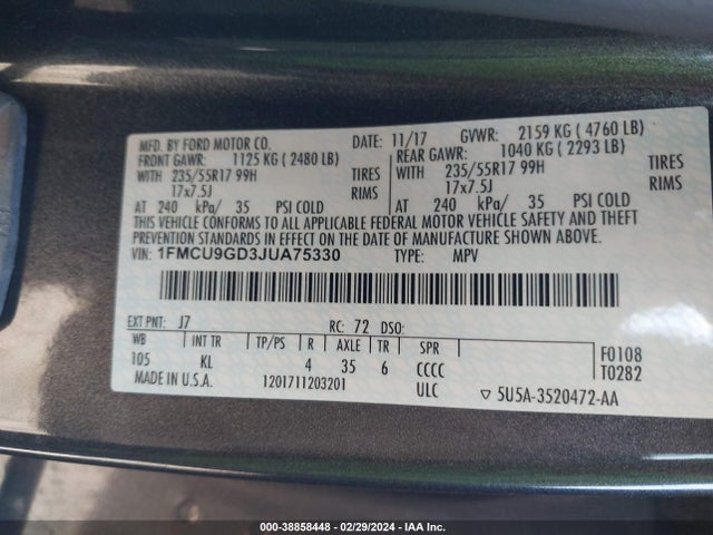 Ford ESCAPE SE 2018 1FMCU9GD3JUA75330 Image 9