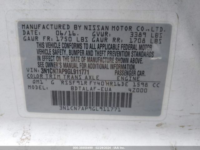 3N1CN7AP9GL911771 Nissan Versa 1.6 S