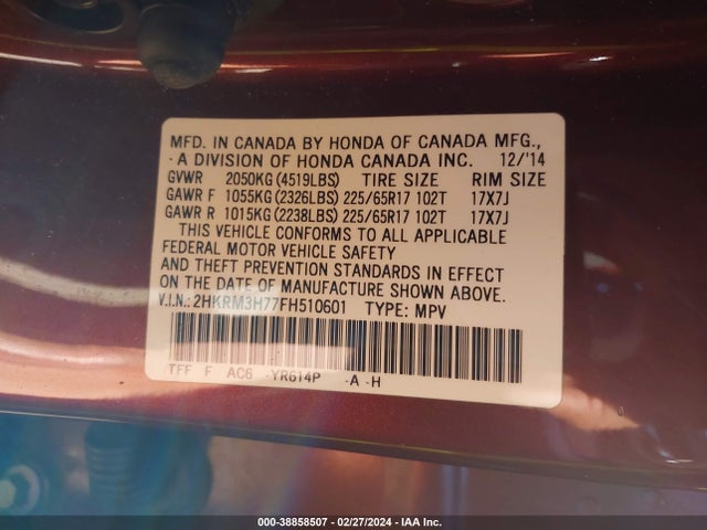 Honda Cr-v Ex-l 2015 2HKRM3H77FH510601 Image 9