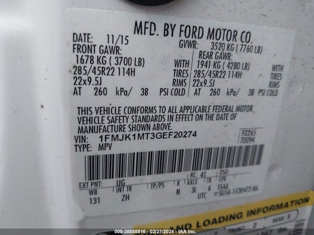 Ford Expedition El Platinum 2016 1FMJK1MT3GEF20274 Image 9
