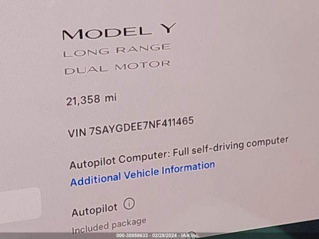 7SAYGDEE7NF411465 Tesla Model Y Long Range Dual Motor All-wheel Drive