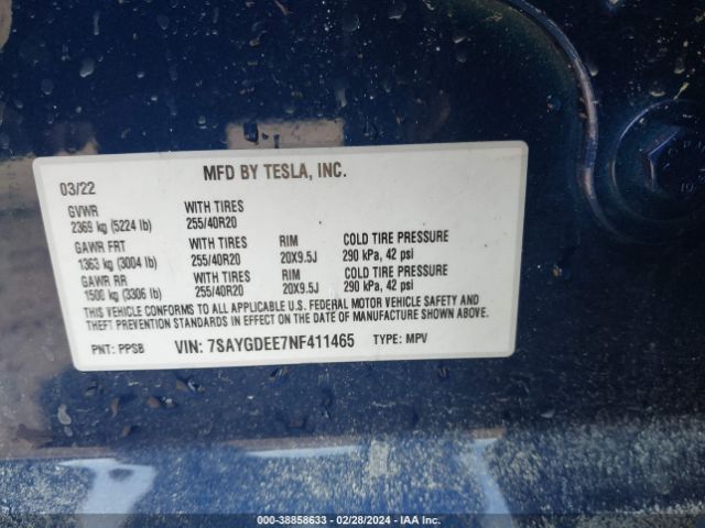 7SAYGDEE7NF411465 Tesla Model Y Long Range Dual Motor All-wheel Drive