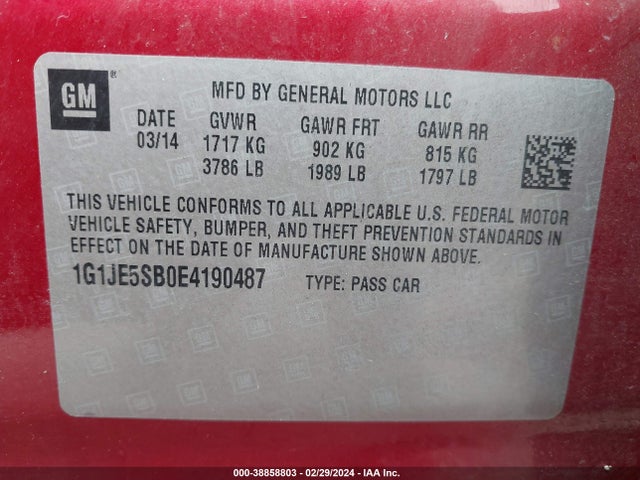 Chevrolet Sonic Ltz Auto 2014 1G1JE5SB0E4190487 Image 9