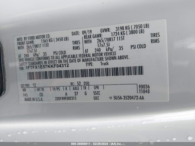 Ford F-150 Xl 2019 1FTFX1E57KKF04312 Image 9