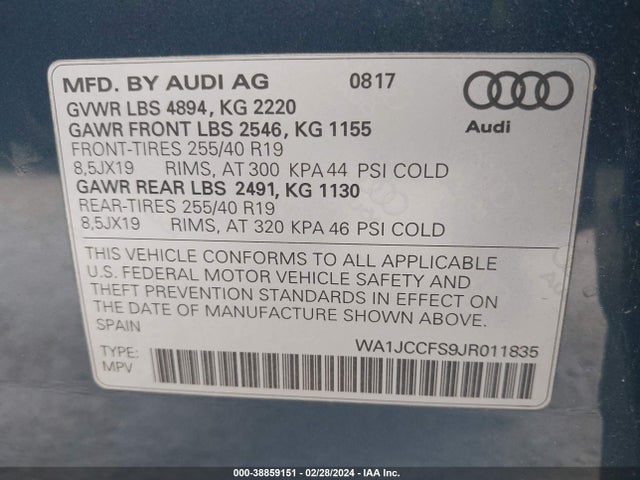 WA1JCCFS9JR011835 Audi Q3 2.0t Premium/2.0t Sport Premium