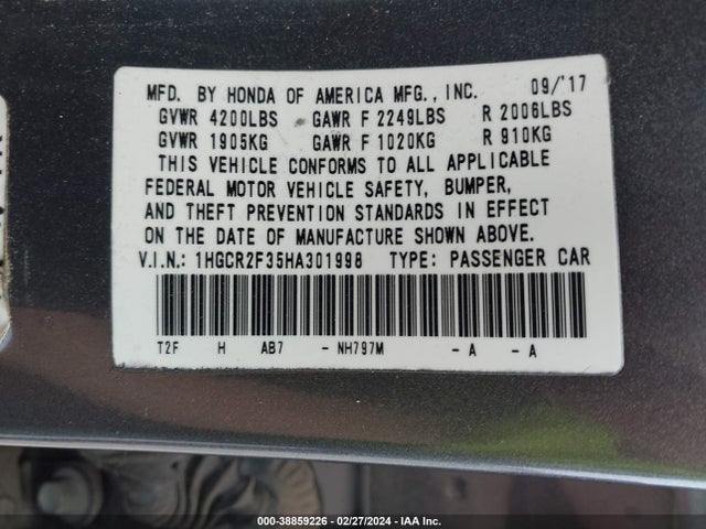 Honda ACCORD LX 2017 1HGCR2F35HA301998 Image 9