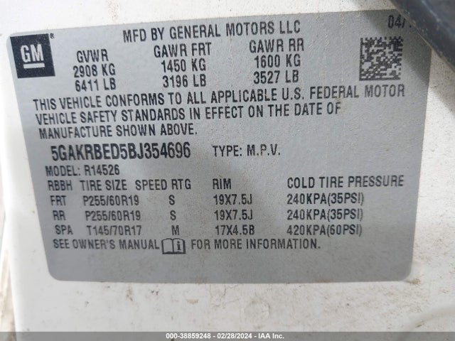 Продаж на аукціоні авто 2011 Buick Enclave 1xl, vin: 5GAKRBED5BJ354696, номер лоту: 38859248