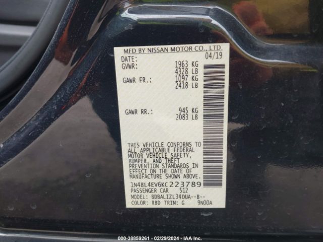 1N4BL4EV6KC223789 Nissan Altima 2.5 Sl