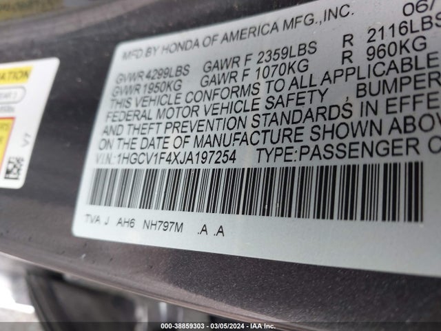Honda ACCORD EX 2018 1HGCV1F4XJA197254 Image 9
