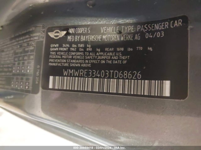 2003 MINI COOPER S WMWRE33403TD68626 Photo 8