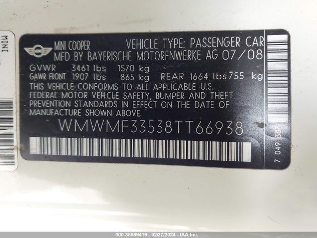 2008 MINI COOPER WMWMF33538TT66938 Photo 8