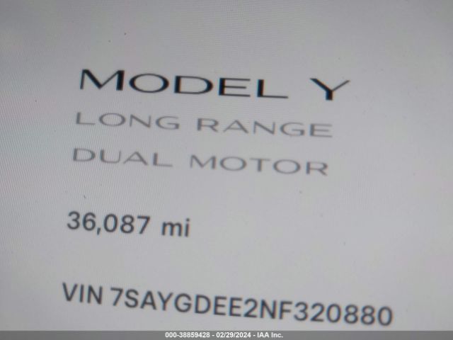 7SAYGDEE2NF320880 Tesla Model Y Long Range Dual Motor All-wheel Drive