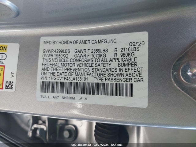 Honda ACCORD EX 2020 1HGCV1F45LA138101 Image 9