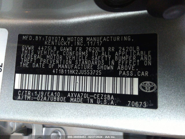 Toyota CAMRY SE 2018 4T1B11HK2JU553725 Image 9
